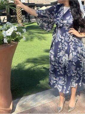 Navy & White Floral Wrap Midi Dress - Women